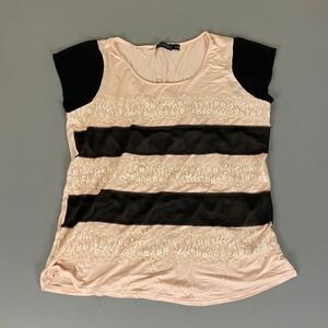 The Limited Blouse‎ Top Women's XL Black Beige Ivory Lace Striped Cap Sleeve